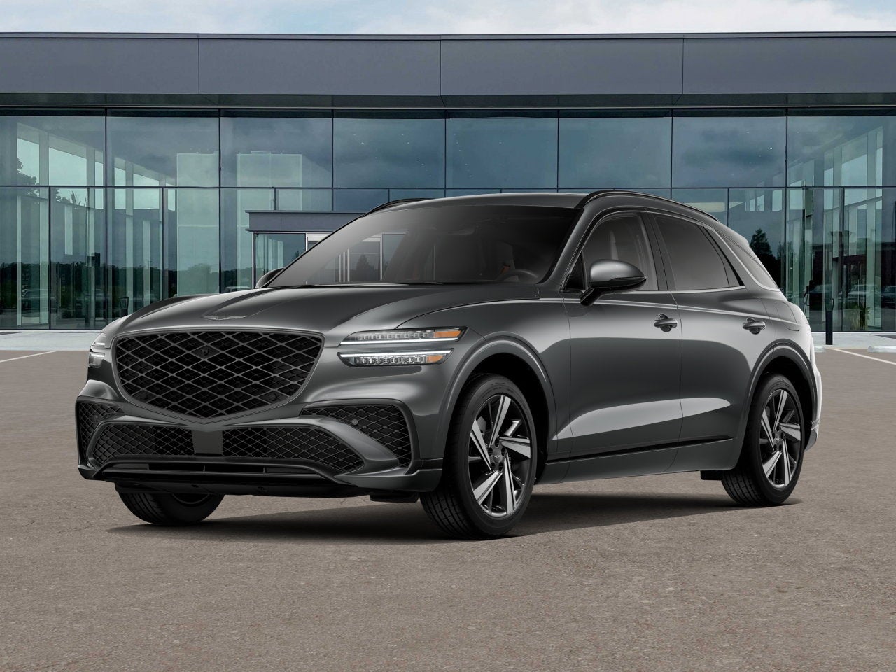 2026 Genesis GV70 3.5T SPORT ADVANCED in Makalu Gray — front three-quarter view